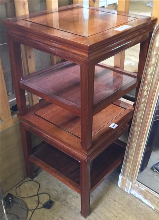 Pair Chinese padouk wood two tier lamp tables(-)